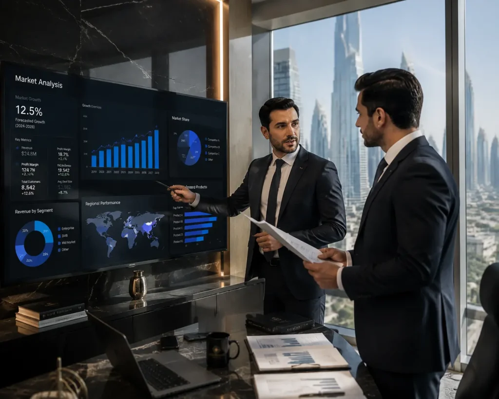 Business consultant analyzing Dubai market data and business opportunities